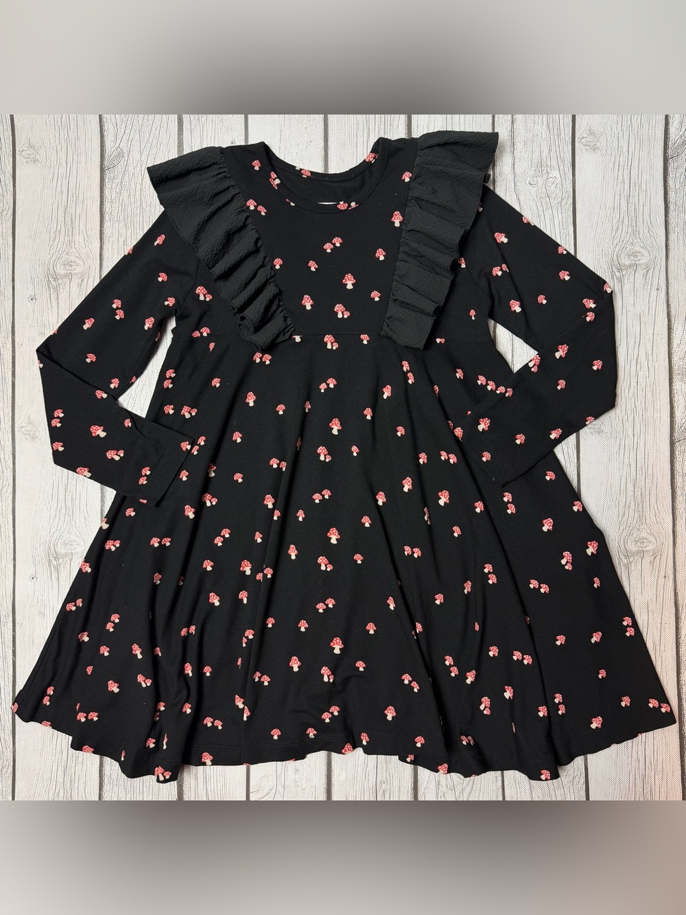 Wauw Capow Girls 7-8 Years Black Mushroom Print Long Sleeve Twirl Dress